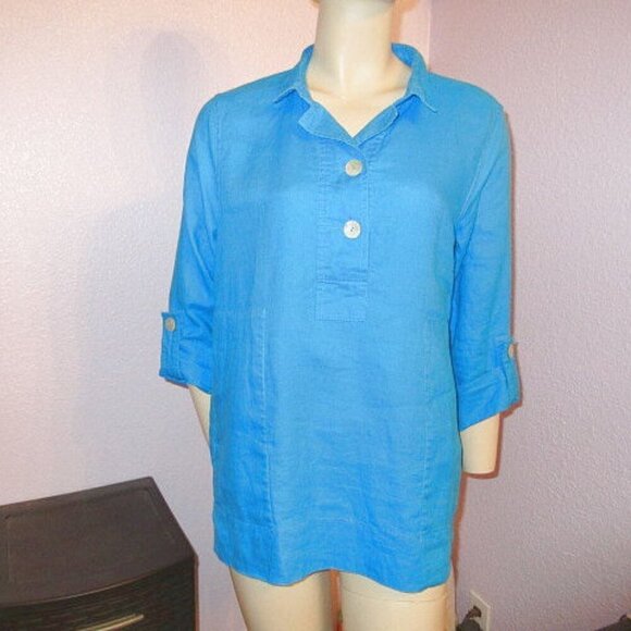 JOHN MARK Womens LINEN Button Up Size S TUNIC Top TURQUOISE Roll Tab Sleeves - Picture 1 of 12